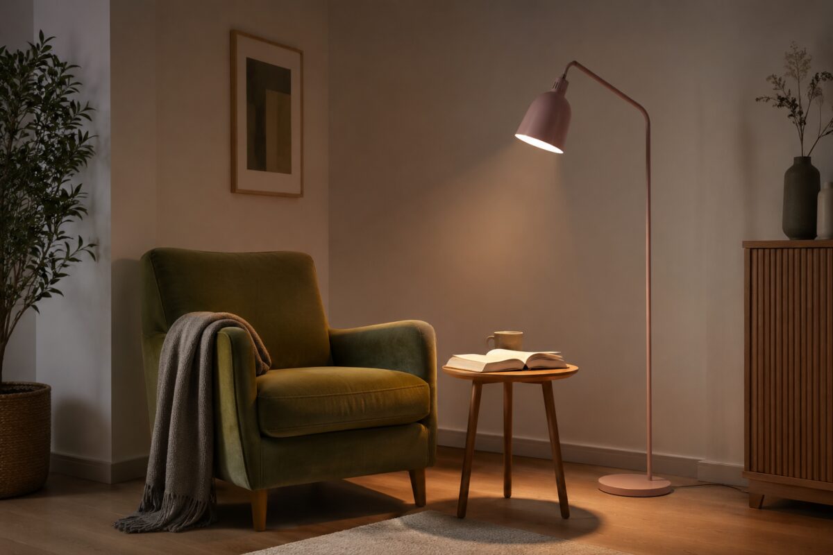 Angolo lettura con lampada da terra rosa cipria e poltrona verde oliva