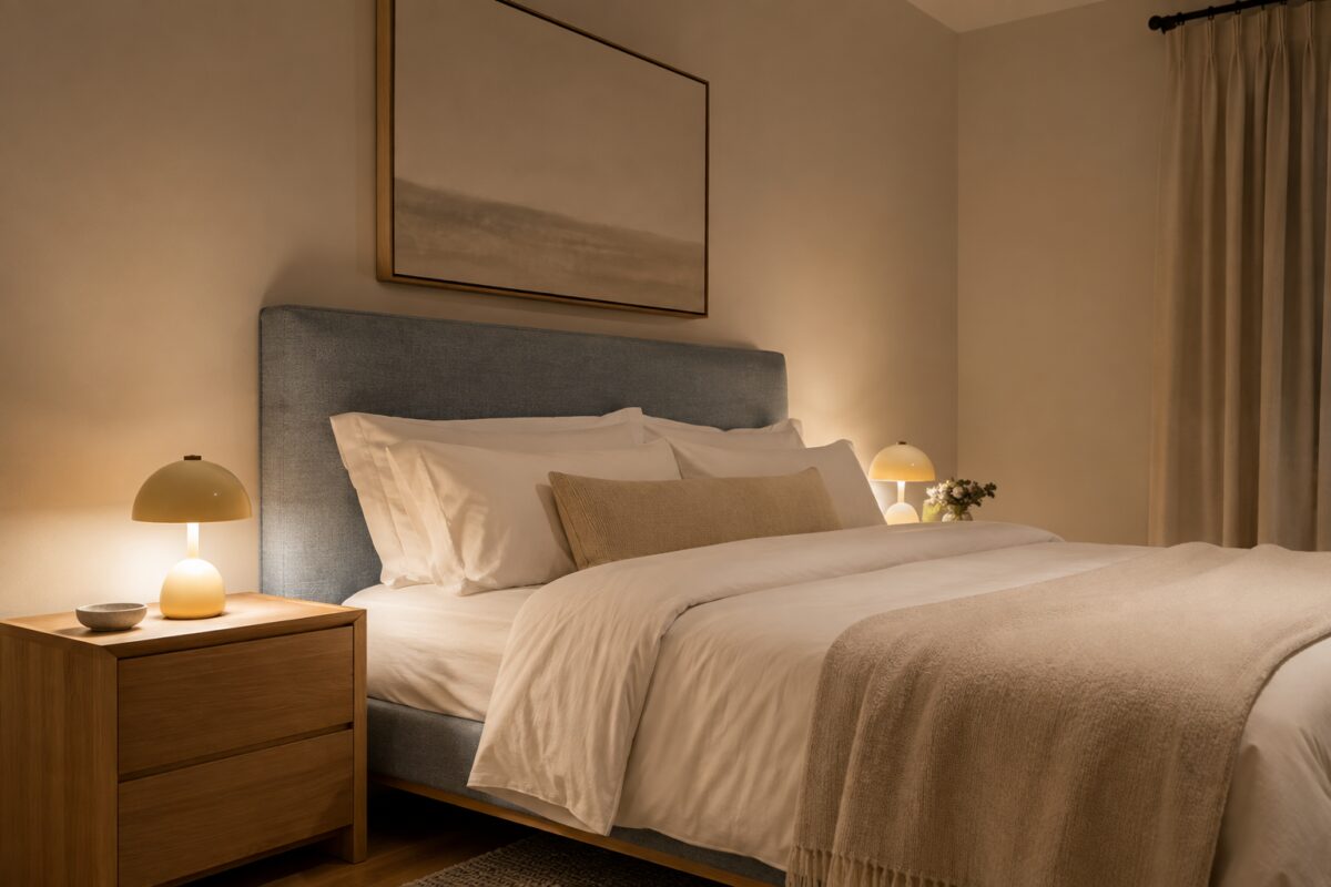 Camera da letto con lampade giallo burro, testiera blu grigio e legno naturale