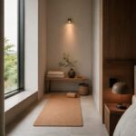 Angolo wellness compatto con tappetino in sughero e panca in legno