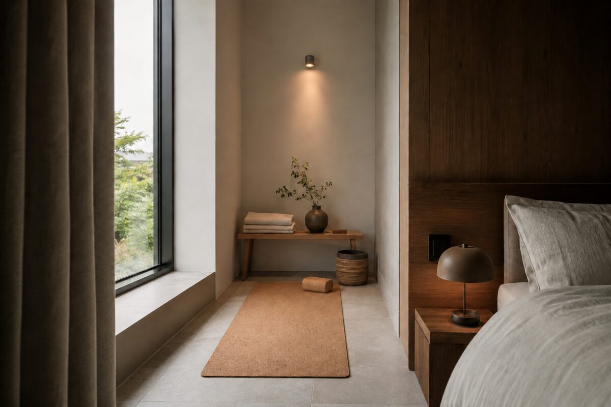 Angolo wellness compatto con tappetino in sughero e panca in legno