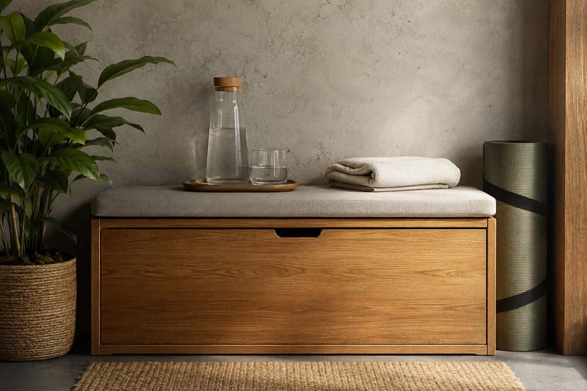 Panca contenitore con tappetino e accessori per il benessere domestico