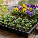 Vassoio con giovani piantine di viola del pensiero in un semenzaio luminoso