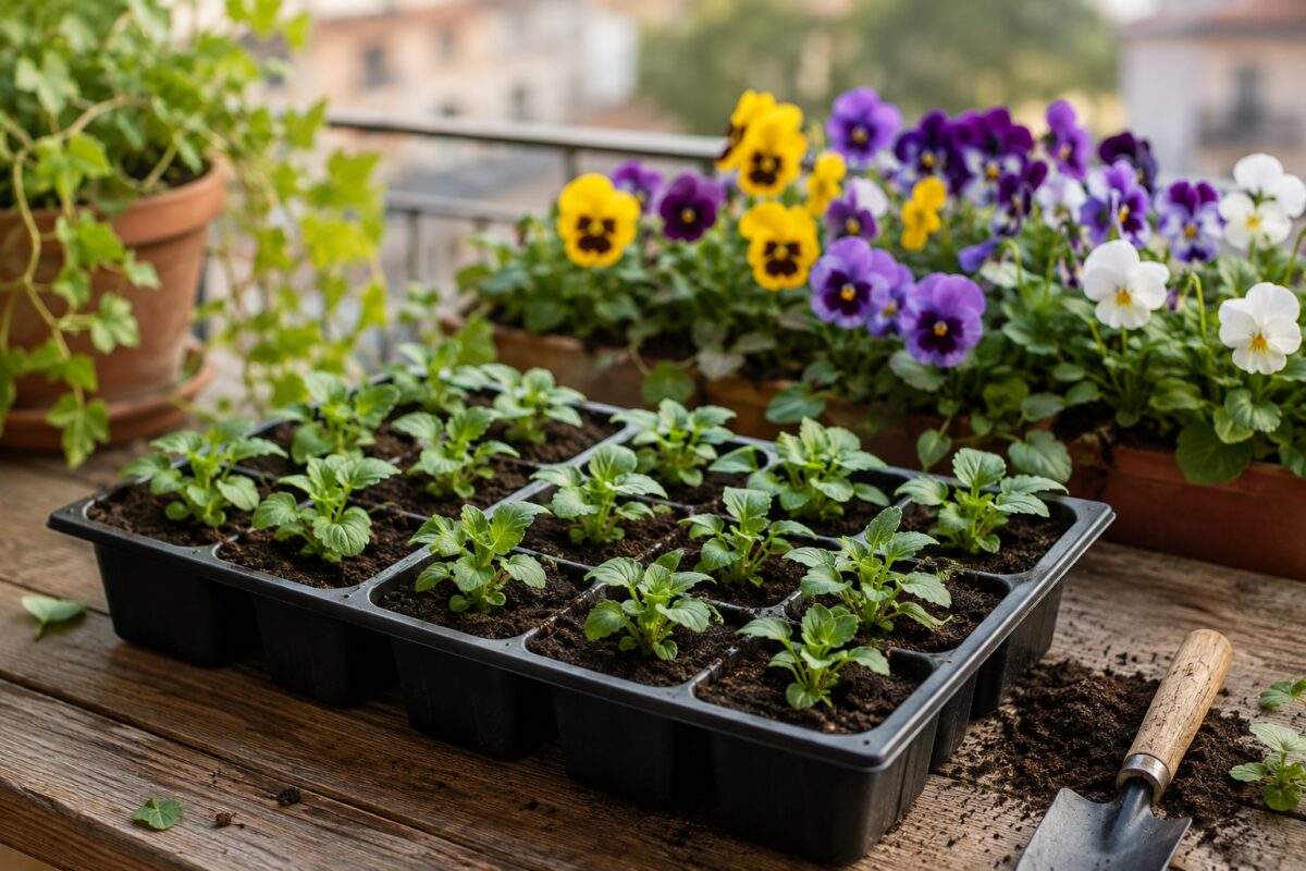 Vassoio con giovani piantine di viola del pensiero in un semenzaio luminoso