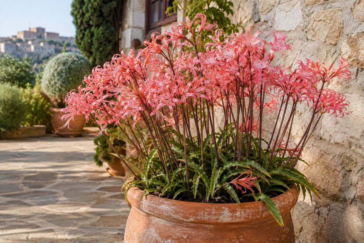 Nerine rosa fiorite in un grande vaso di terracotta su una terrazza