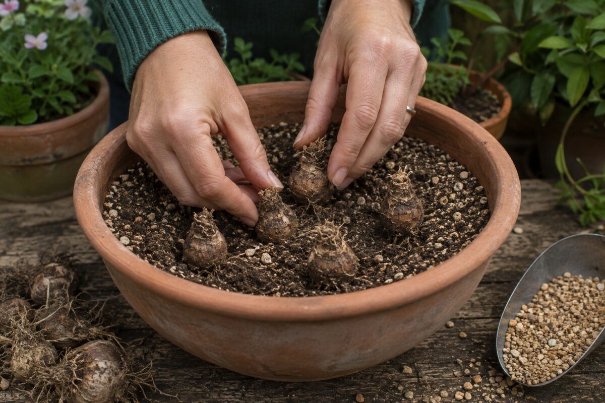 Bulbi di Nerine sistemati con il colletto fuori dal terriccio drenante