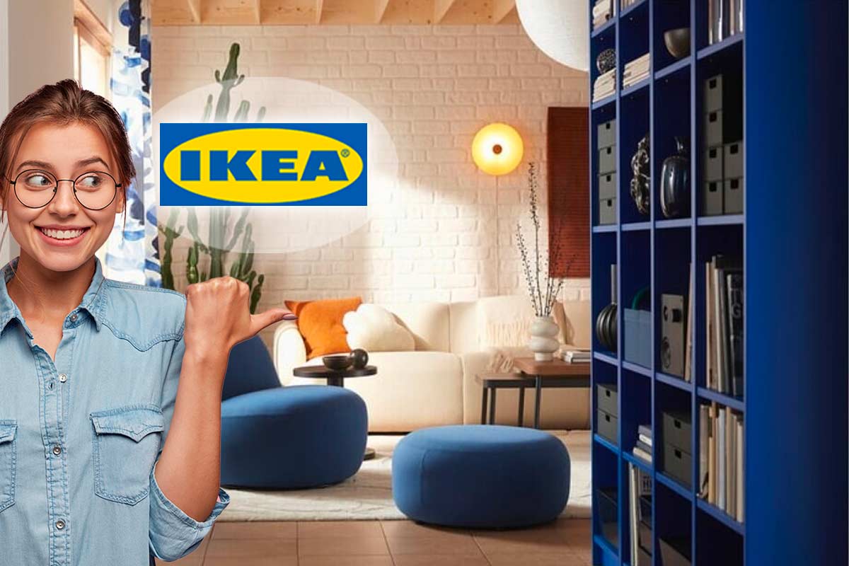Libreria BILLY blu IKEA ambientata in un soggiorno contemporaneo