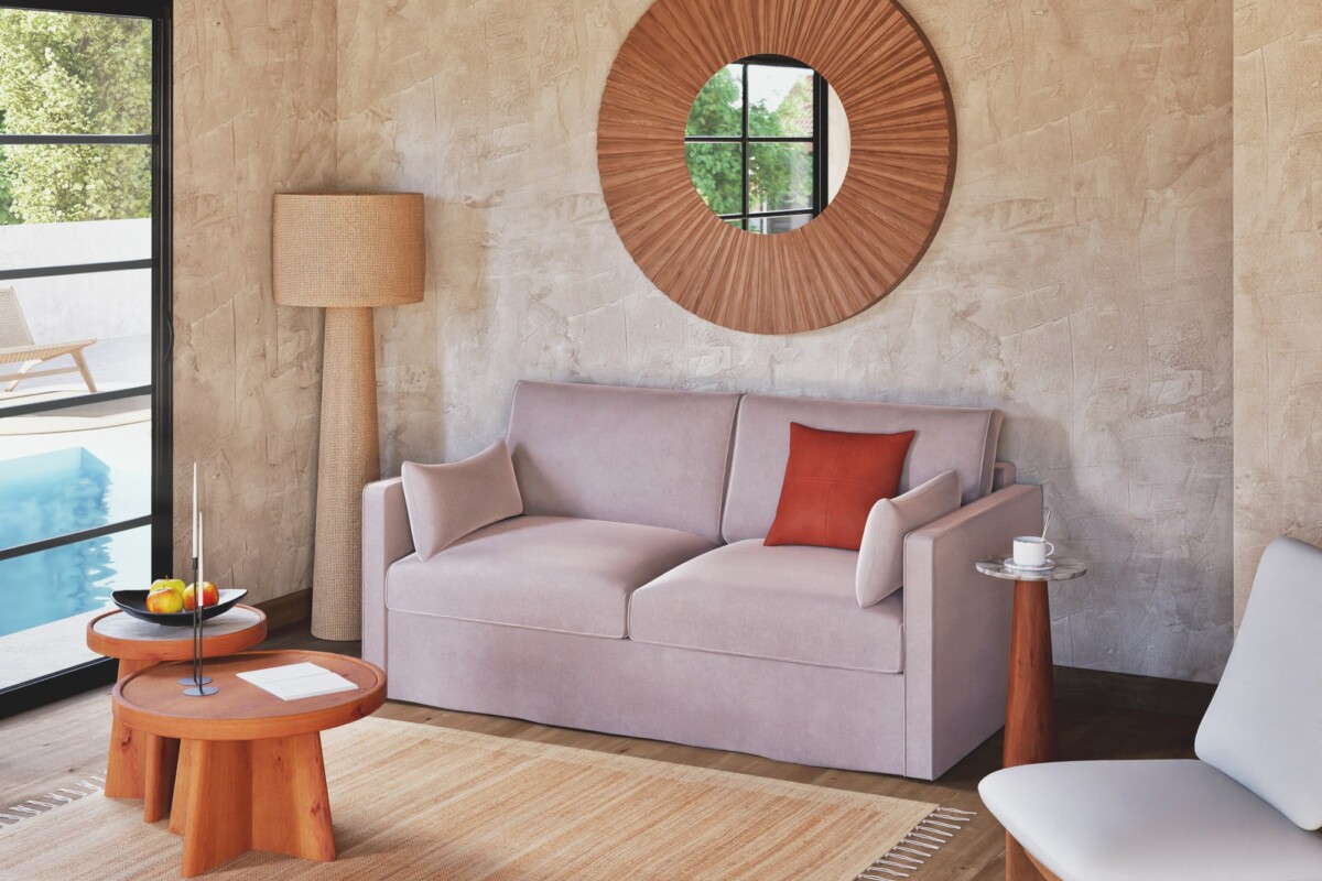 Specchio rotondo ORSO in mango ambientato sopra una credenza