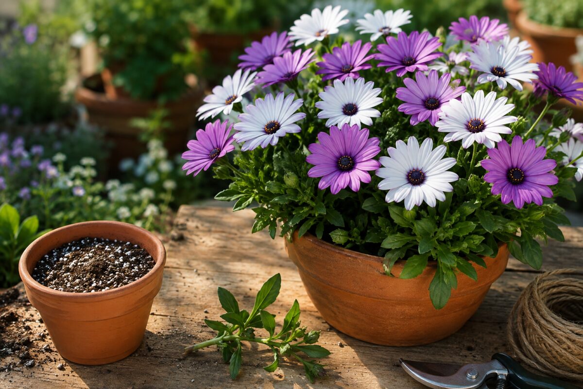 Osteospermum fiorito con talea pronta e vaso di substrato drenante