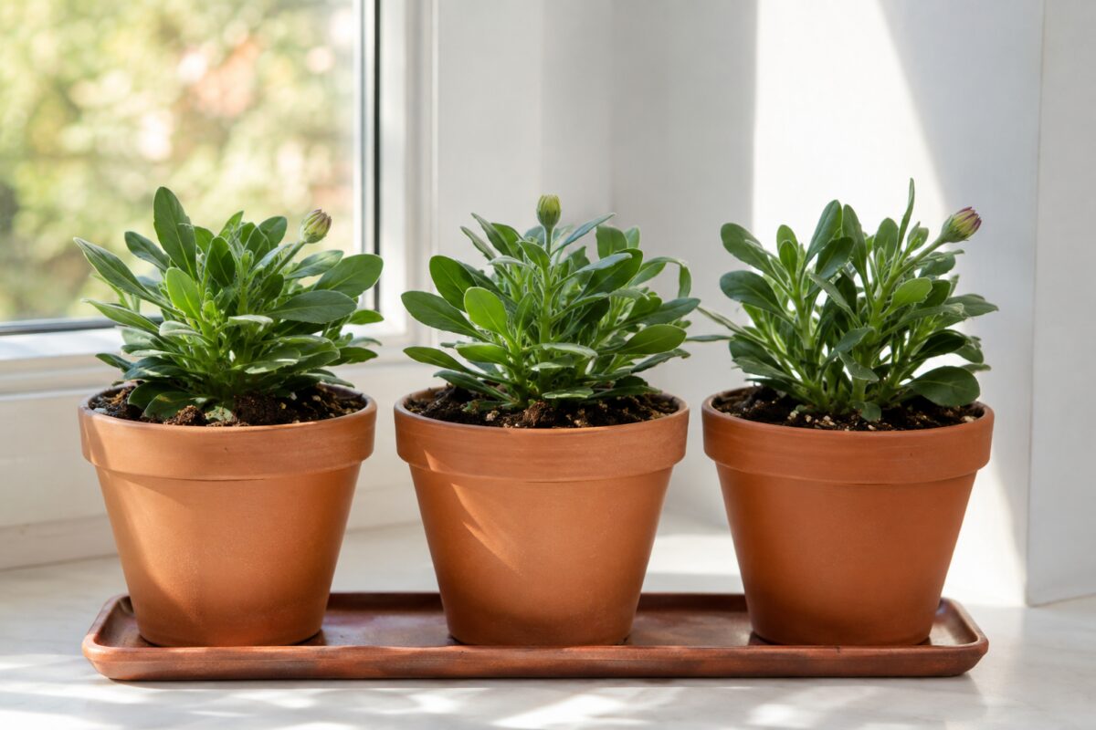 Giovani talee di Osteospermum radicate su un davanzale luminoso