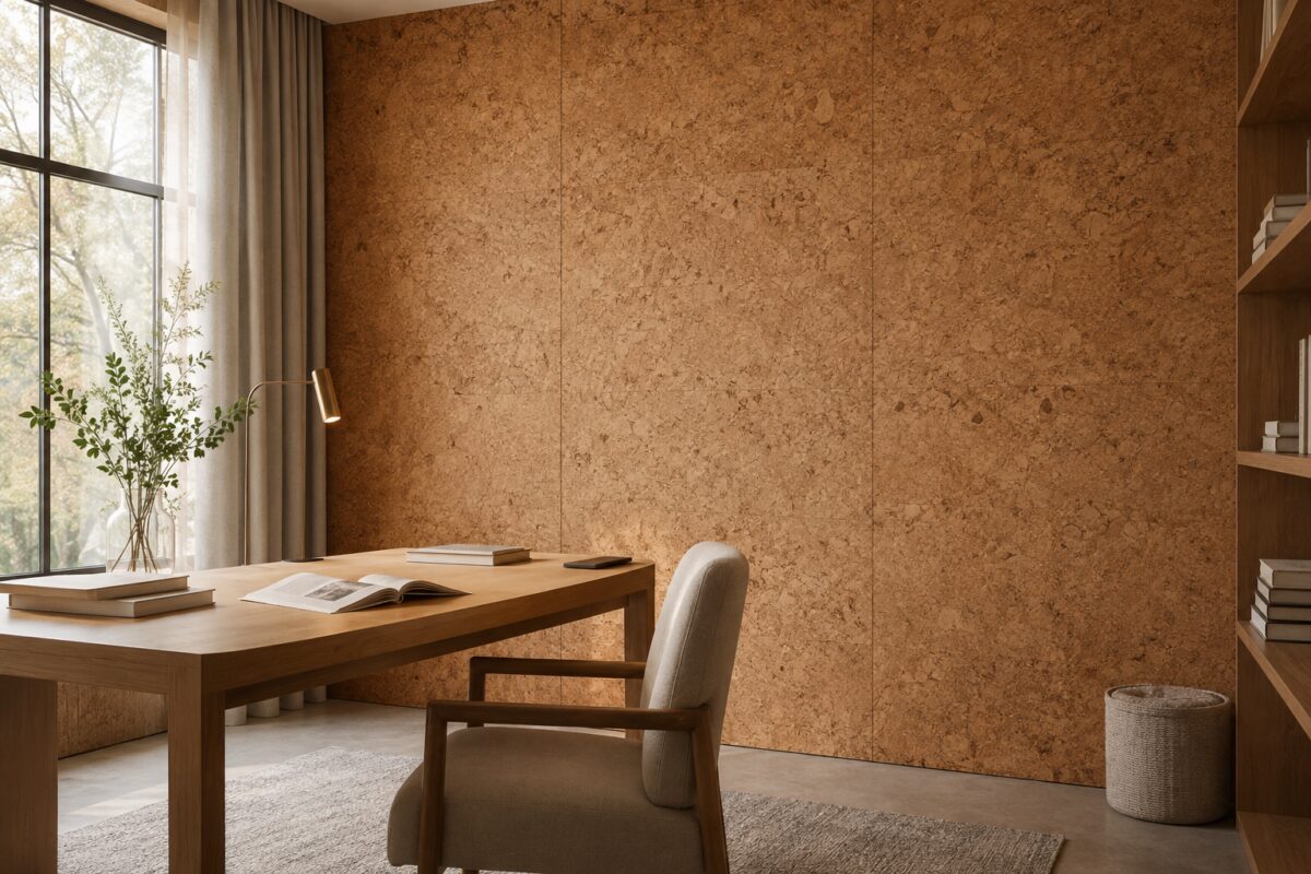 Studio contemporaneo con parete in sughero naturale e scrivania in legno