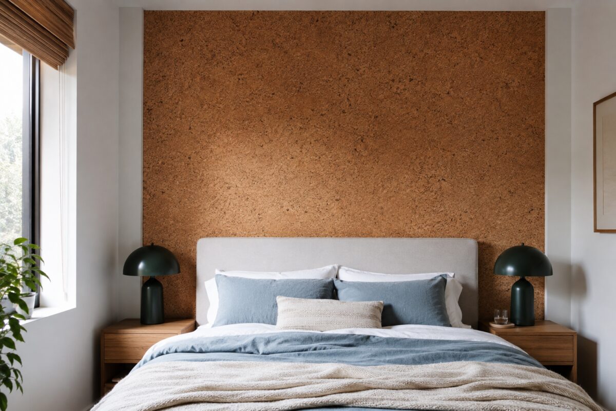 Camera da letto con parete in sughero dietro il letto e tessili blu minerale