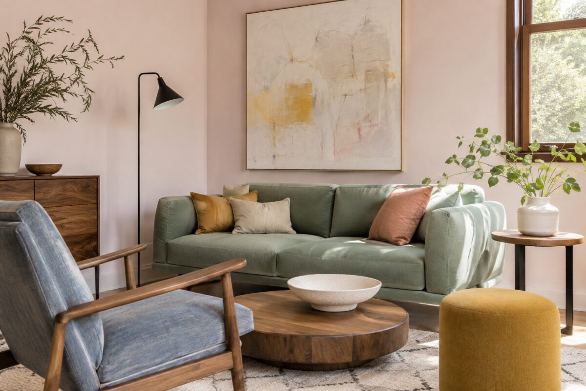 Soggiorno luminoso con rosa gesso, verde vetro e blu chambray