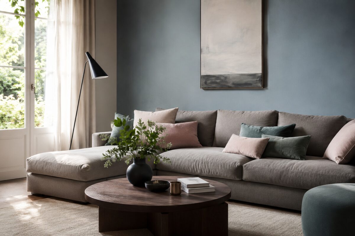 Angolo conversazione con parete blu consumato e tessili rosa gesso