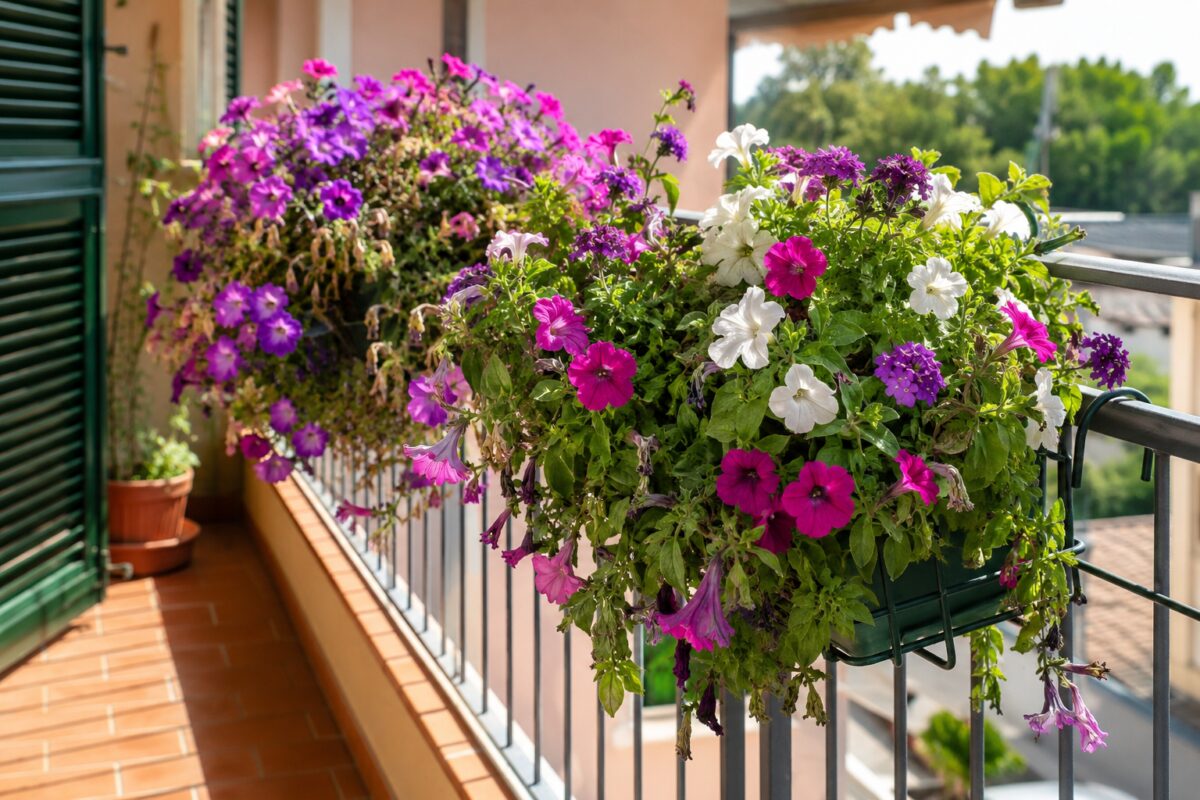 Cestino sospeso con petunie e verbene rifiorite sul balcone