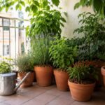 Piante in vaso raggruppate all ombra su un balcone prima delle vacanze estive