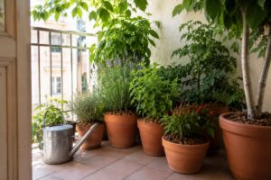 Piante in vaso raggruppate all ombra su un balcone prima delle vacanze estive