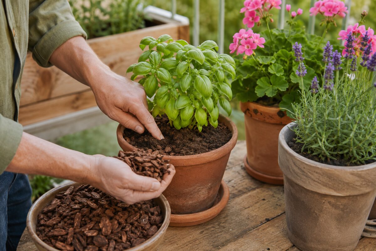 Controllo del terriccio e pacciamatura leggera nei vasi da balcone