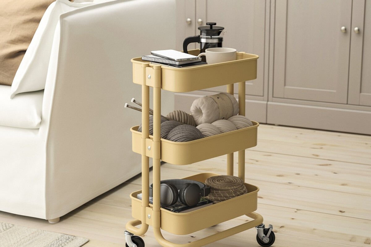 Carrello RÅSKOG IKEA compatto inserito sotto una scrivania per liberare spazio