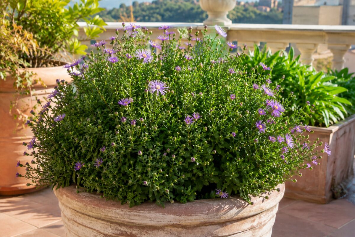 Settembrini viola compatti con boccioli su un terrazzo di fine estate