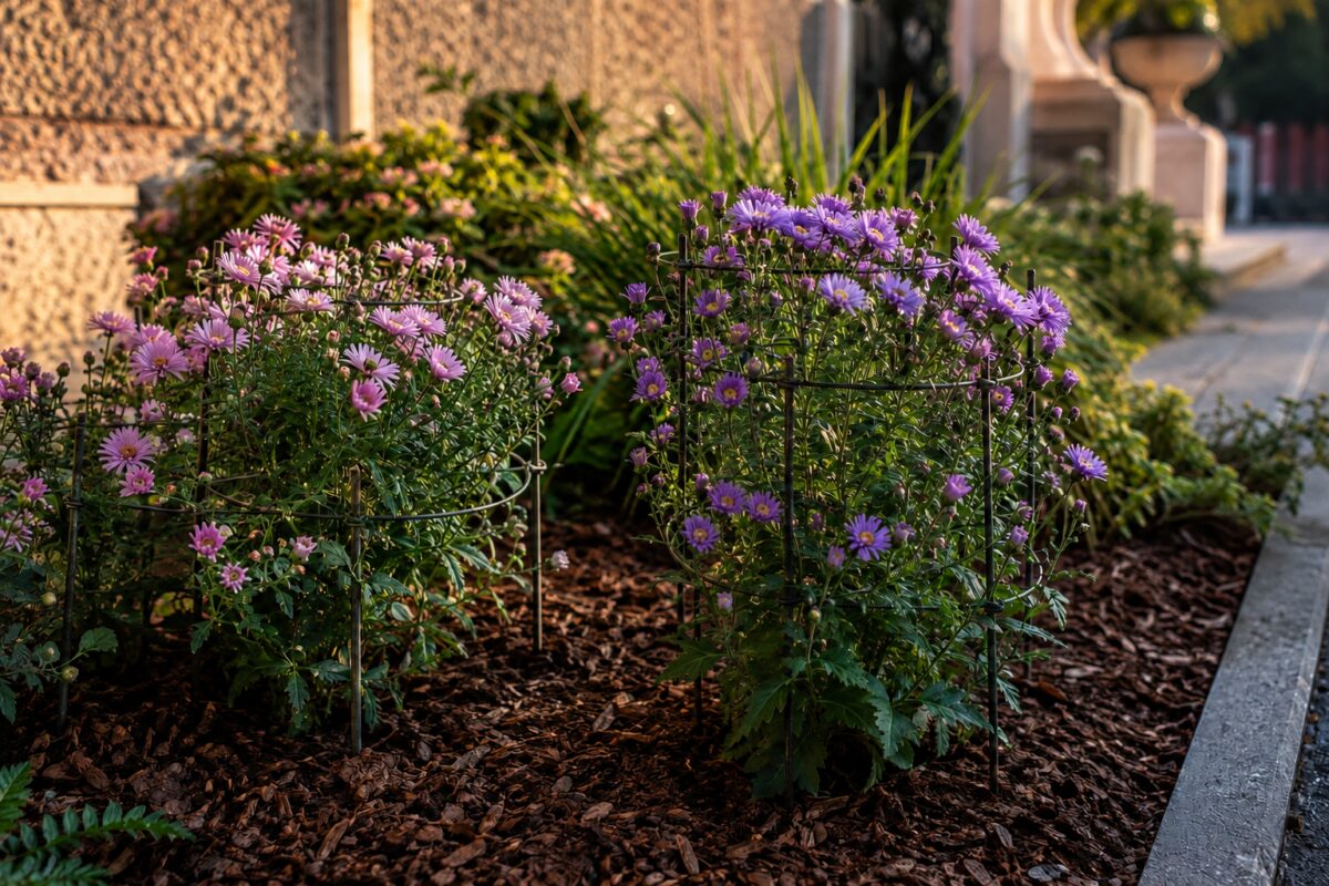 Settembrini viola e rosa sostenuti da tutori discreti in aiuola