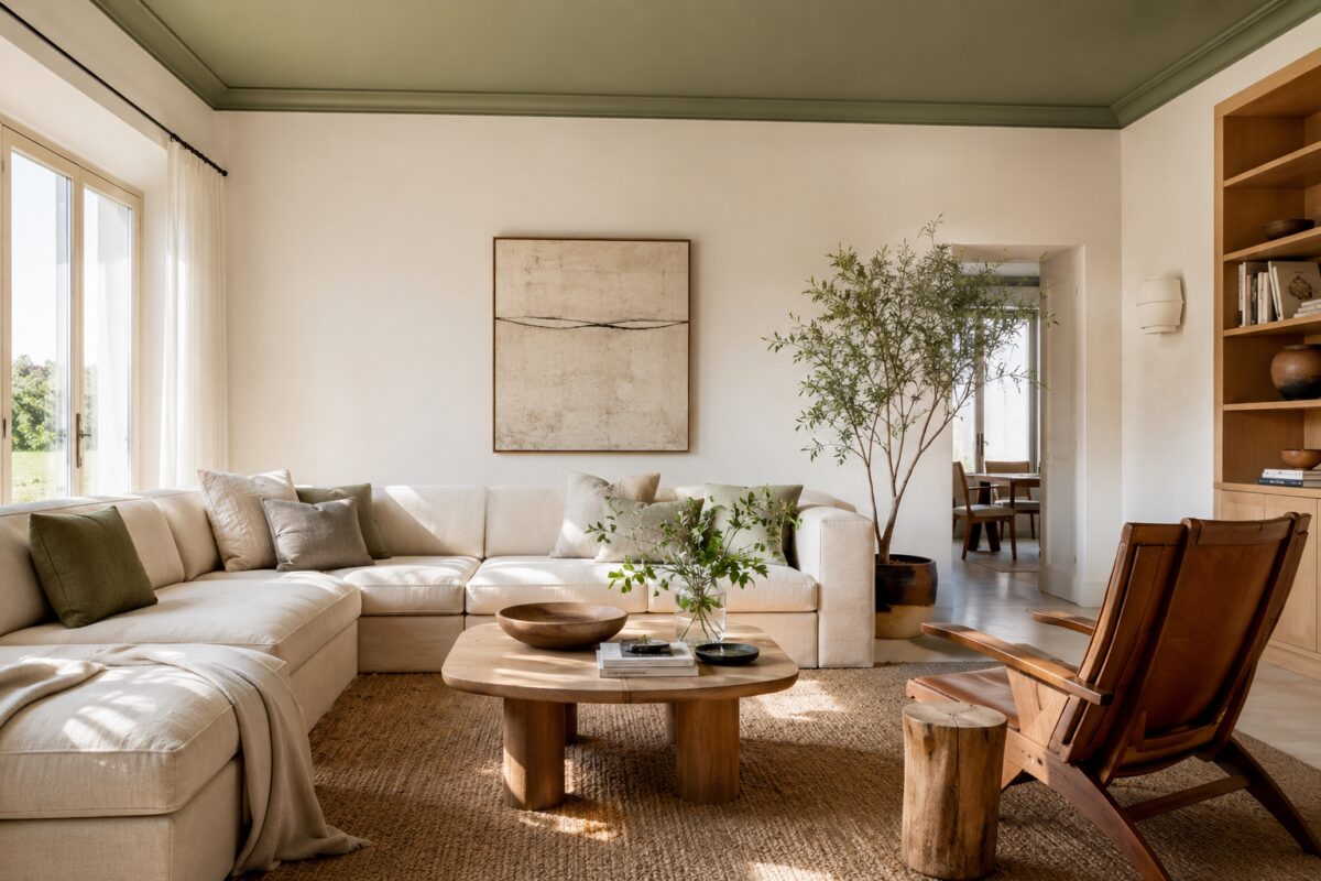 Soggiorno contemporaneo con soffitto verde salvia e arredi in legno chiaro