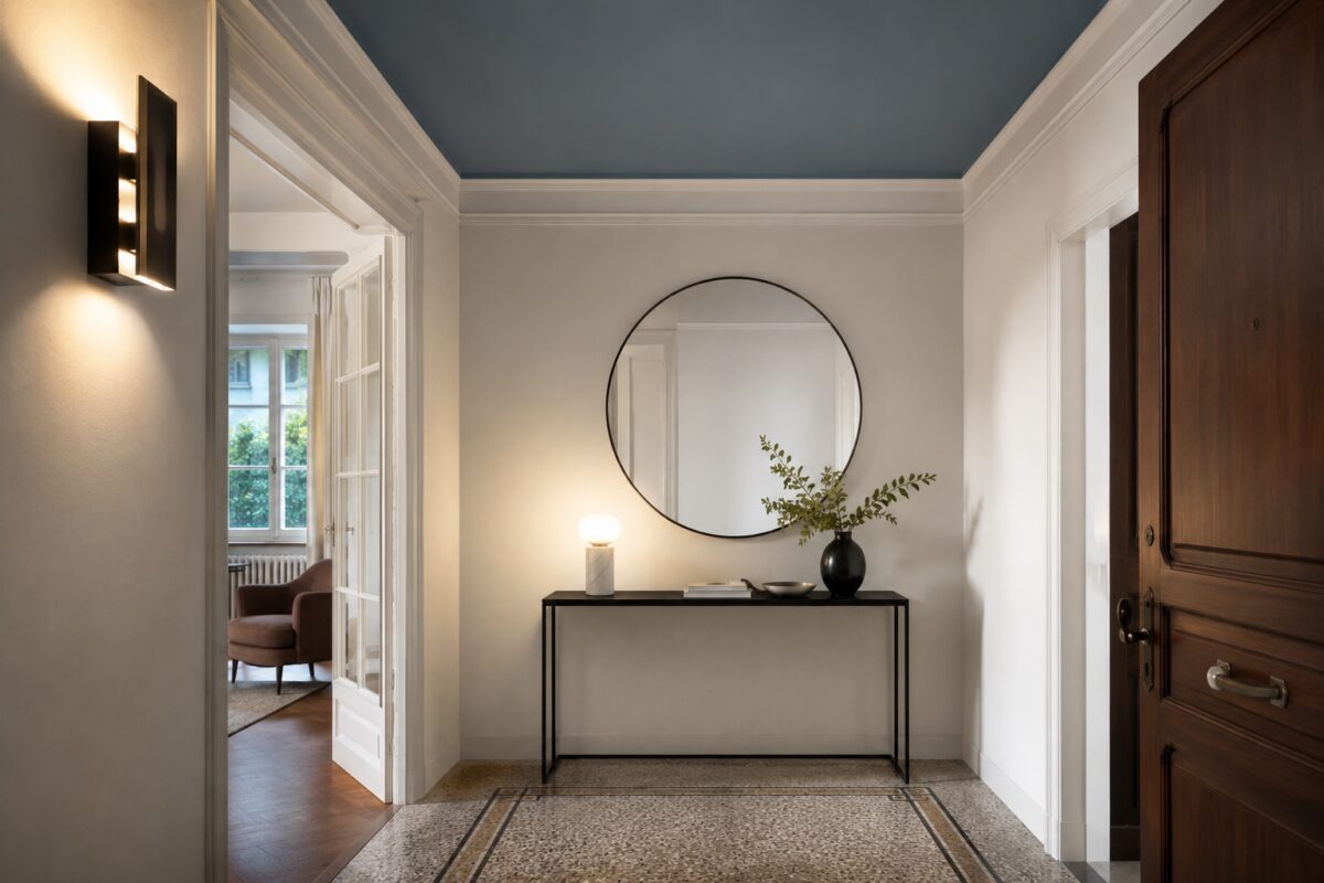 Ingresso con soffitto azzurro polvere specchio rotondo e consolle sottile