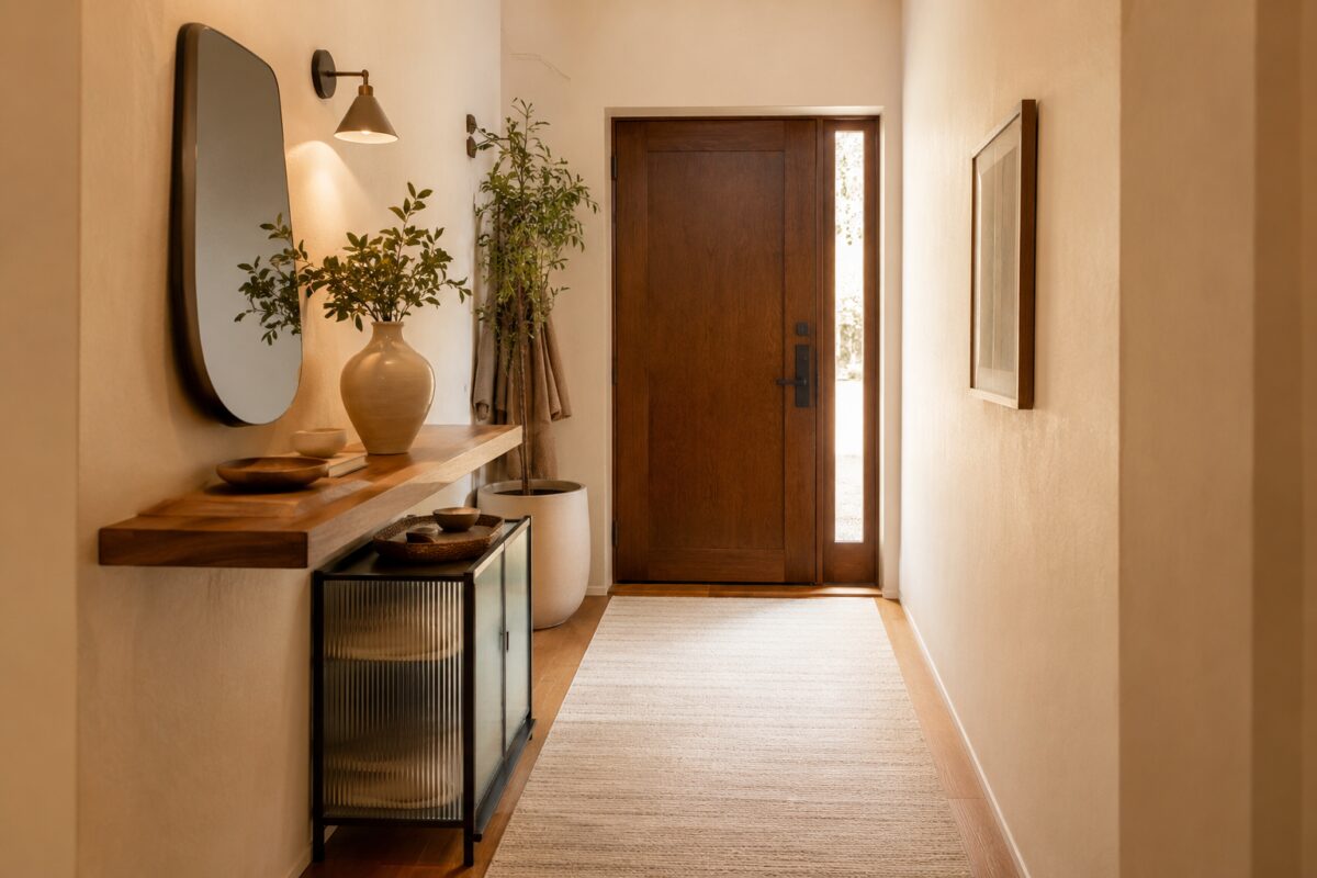 Ingresso stretto con mensola in legno e contenitore in vetro scanalato