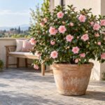 Camellia sasanqua rosa in fiore dentro un vaso di terracotta su un terrazzo autunnale