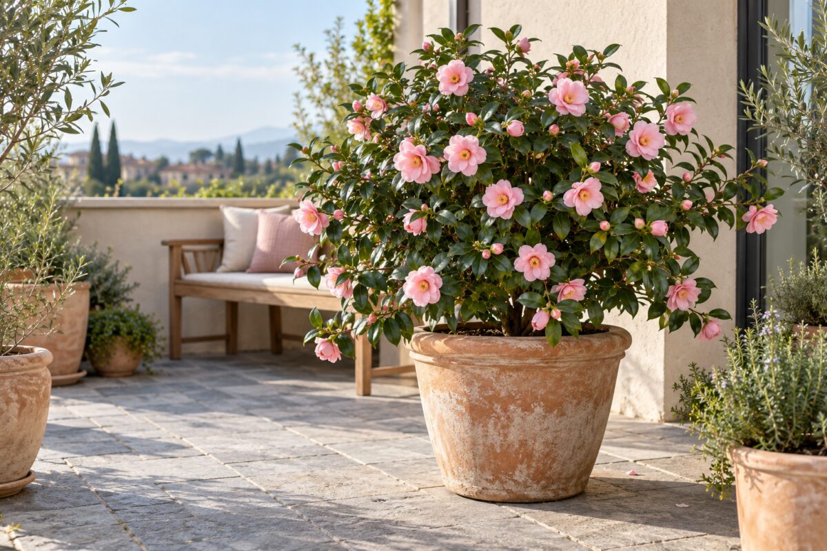 Camellia sasanqua in vaso, la fioritura d’autunno che dà luce al terrazzo