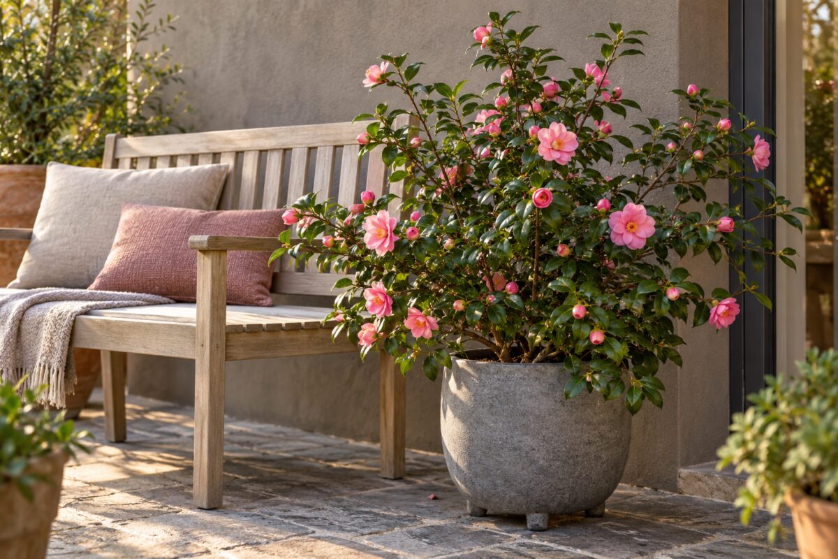 Camellia sasanqua rosa accanto a una panca in legno su un terrazzo riparato