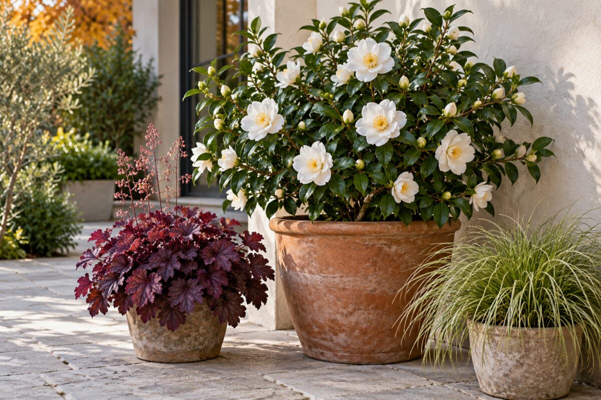 Camellia sasanqua bianca in vaso con Heuchera porpora e Carex su un terrazzo