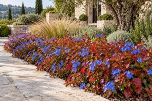Ceratostigma, fiori blu e foglie rosse accendono il bordo del giardino in autunno