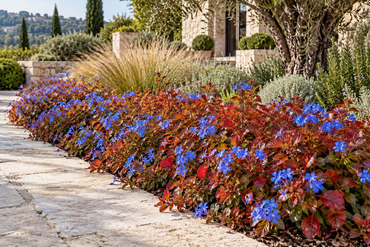 Ceratostigma, fiori blu e foglie rosse accendono il bordo del giardino in autunno