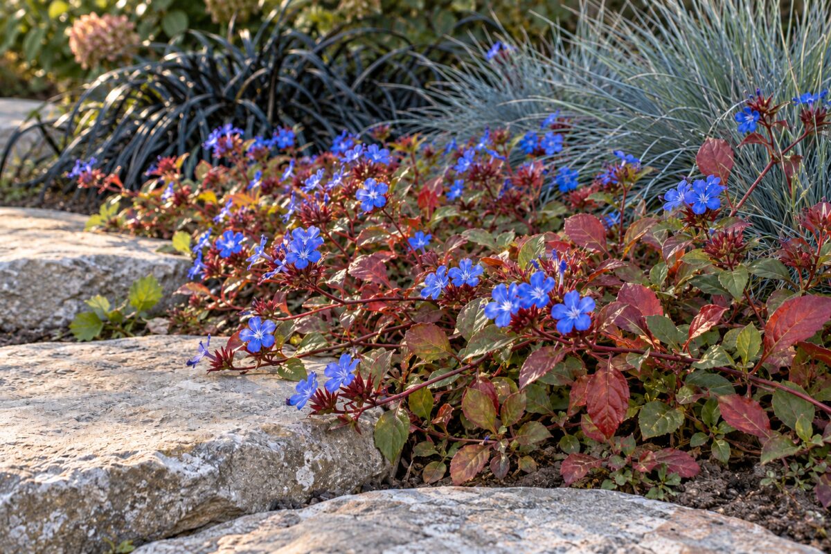 Fiori blu del Ceratostigma tra foglie rosse e graminacee ornamentali