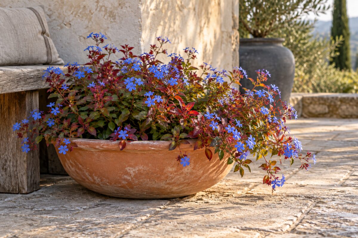 Ceratostigma in una ciotola di terracotta su un terrazzo in pietra