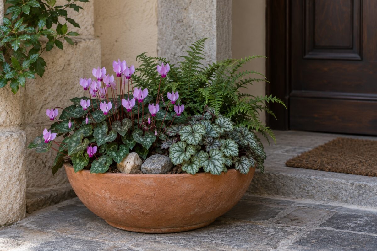 Composizione autunnale da ombra con ciclamino, felce e heuchera