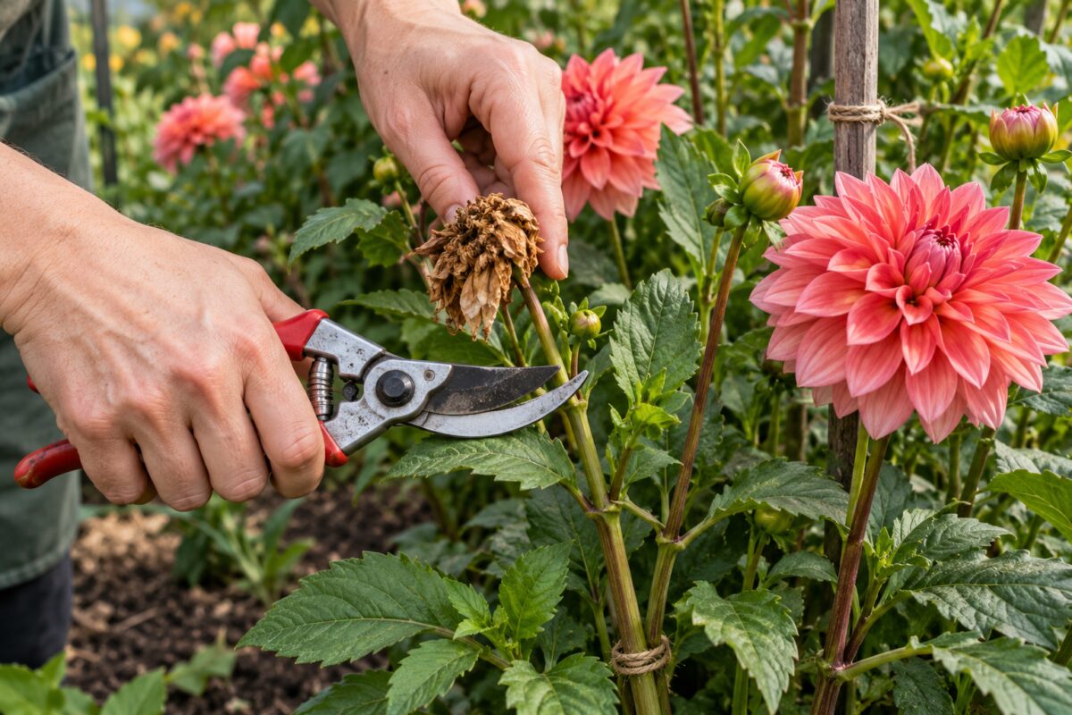Nodo fogliare di una dalia con il punto corretto per recidere il fiore sfiorito