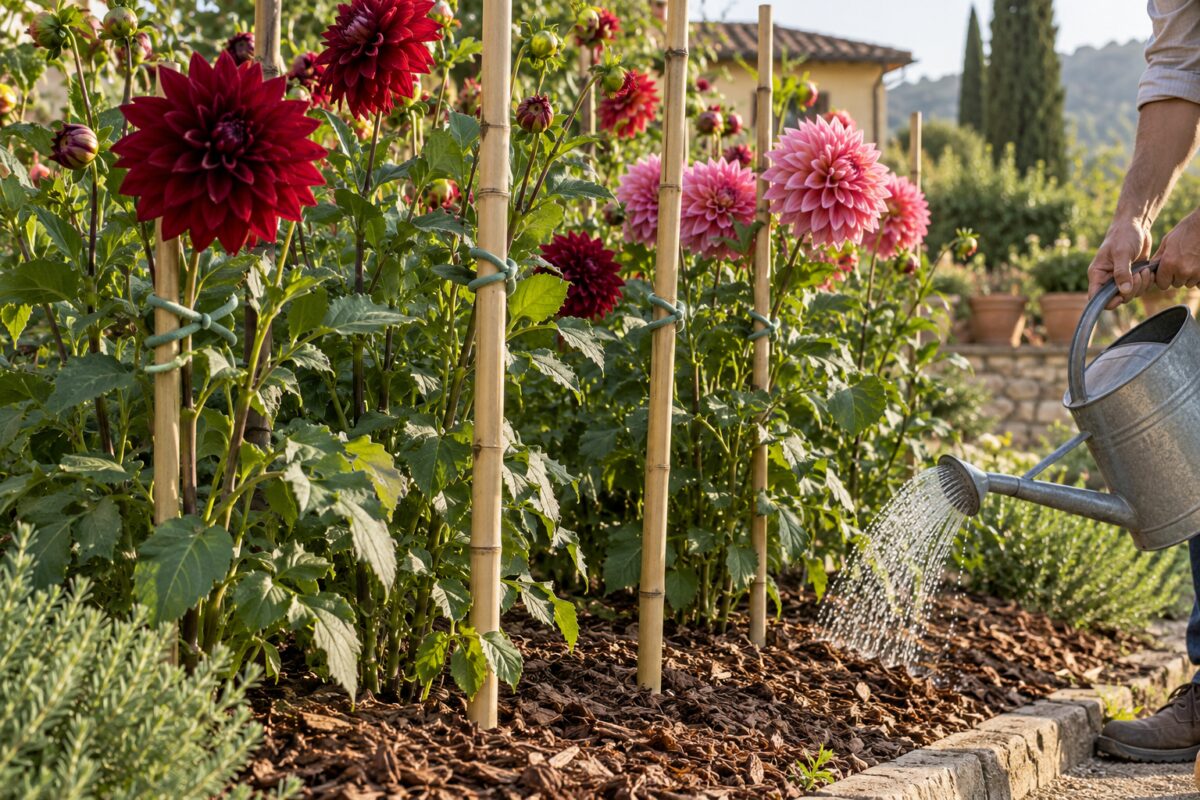 Dalie sostenute con canne di bambù e irrigate direttamente alla base