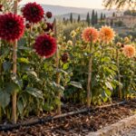 Aiuola di dalie sostenute e irrigate alla base