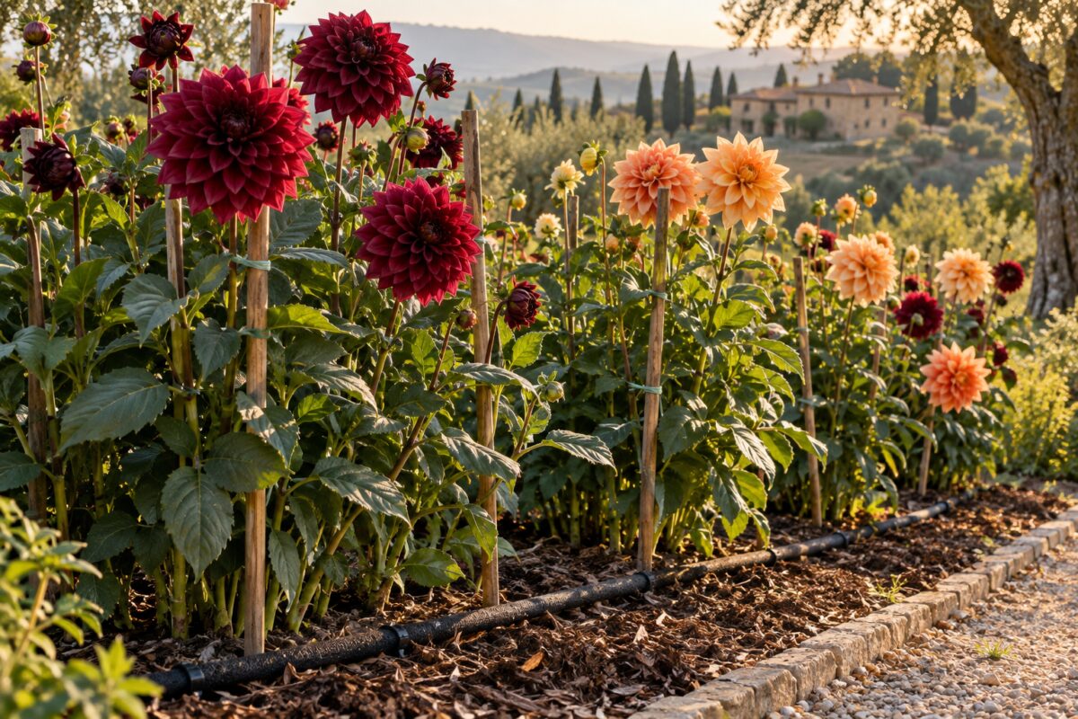 Aiuola di dalie sostenute e irrigate alla base