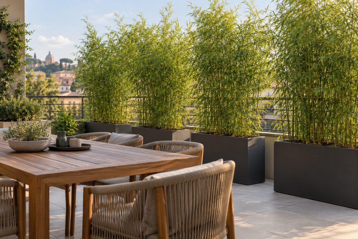 Fila di Fargesia rufa in vasi scuri dietro il tavolo da pranzo sul terrazzo