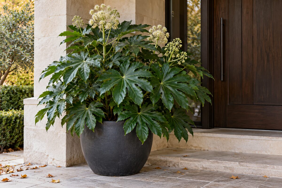 Fatsia japonica, le sfere bianche d’autunno fanno fiorire anche l’ingresso in ombra