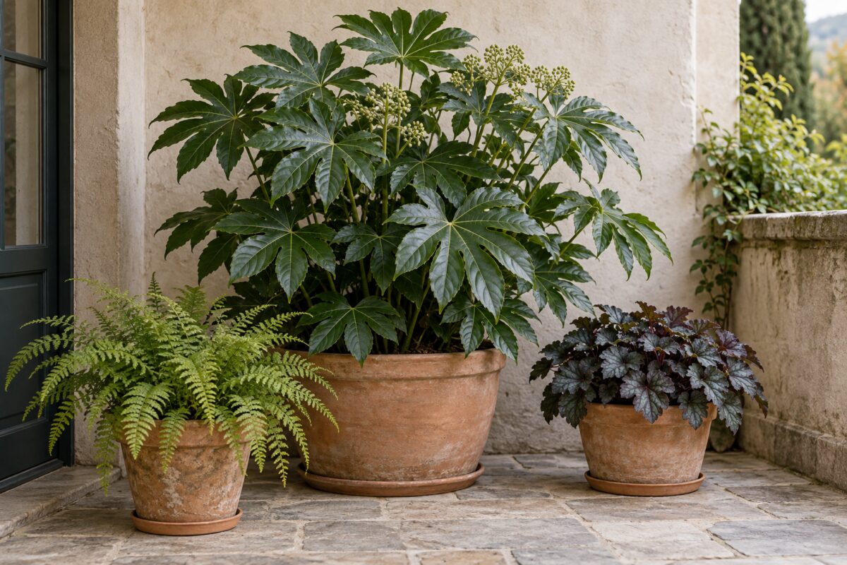 Fatsia japonica in terracotta abbinata a felce e Heuchera su un terrazzo riparato