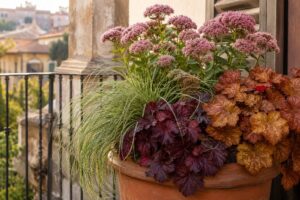 Vaso autunnale con heuchera, carex e sedum su un balcone