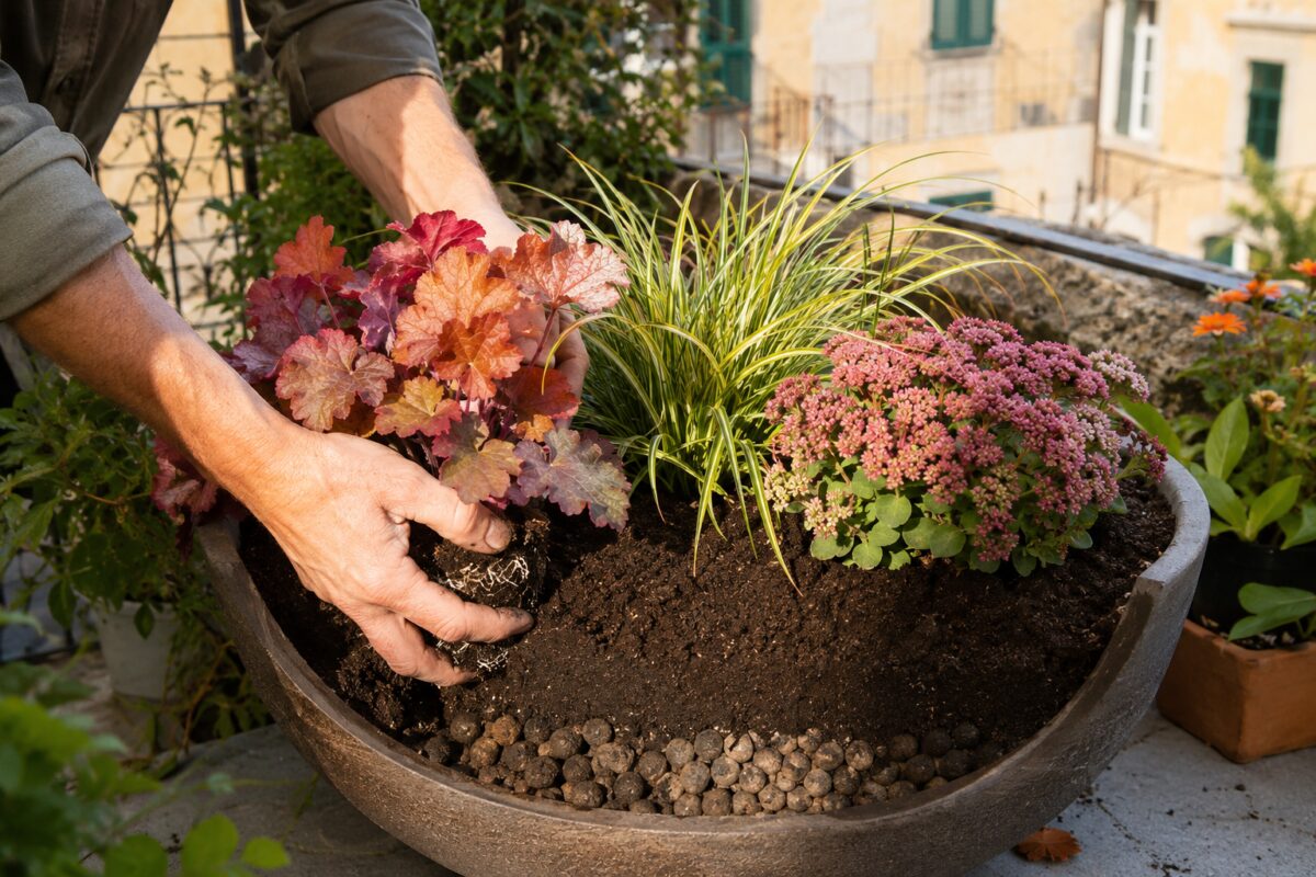 Piantagione di heuchera, carex e sedum in terriccio drenante
