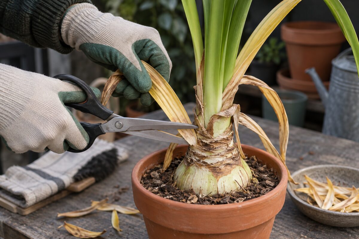 Foglie gialle di Hippeastrum recise sopra il bulbo sodo