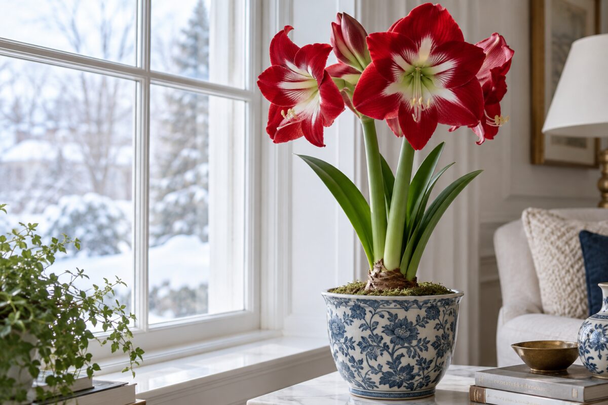 Hippeastrum rifiorito in inverno vicino a una finestra