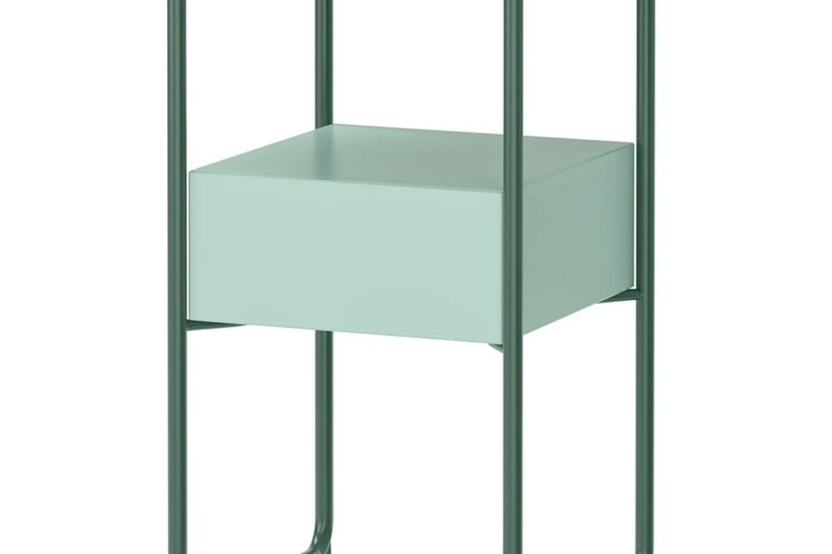 Comodino IKEA BLANKHÄLLAN verde e turchese visto nella sua struttura leggera