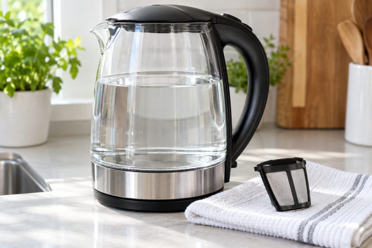 Bollitore pulito con acqua fresca e filtro anticalcare rimosso