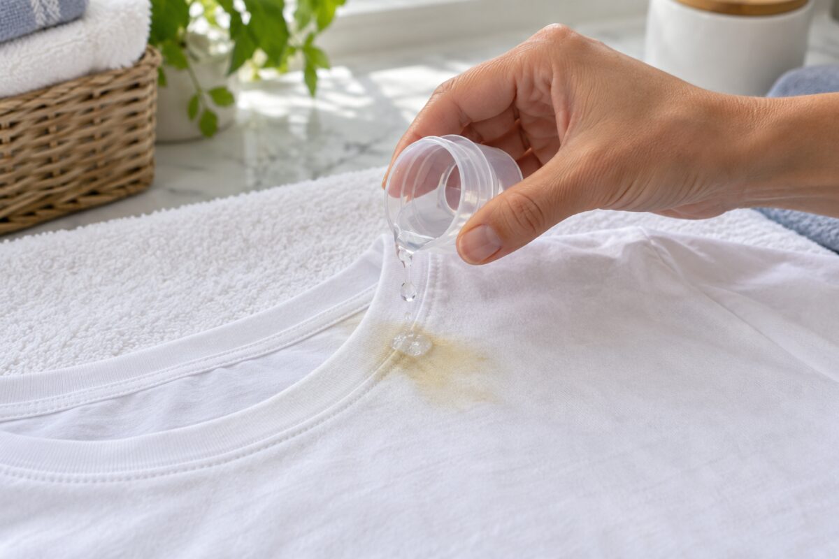 Detergente liquido applicato su una macchia di crema solare sul colletto